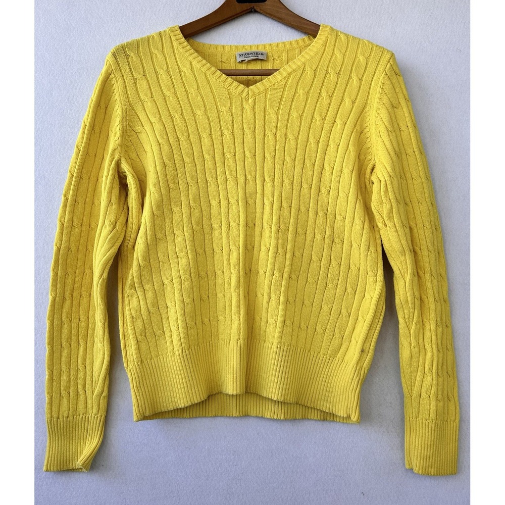 St. John's Bay V Neck Sweater Cable Knit Preppy Womens M Yellow Excellent